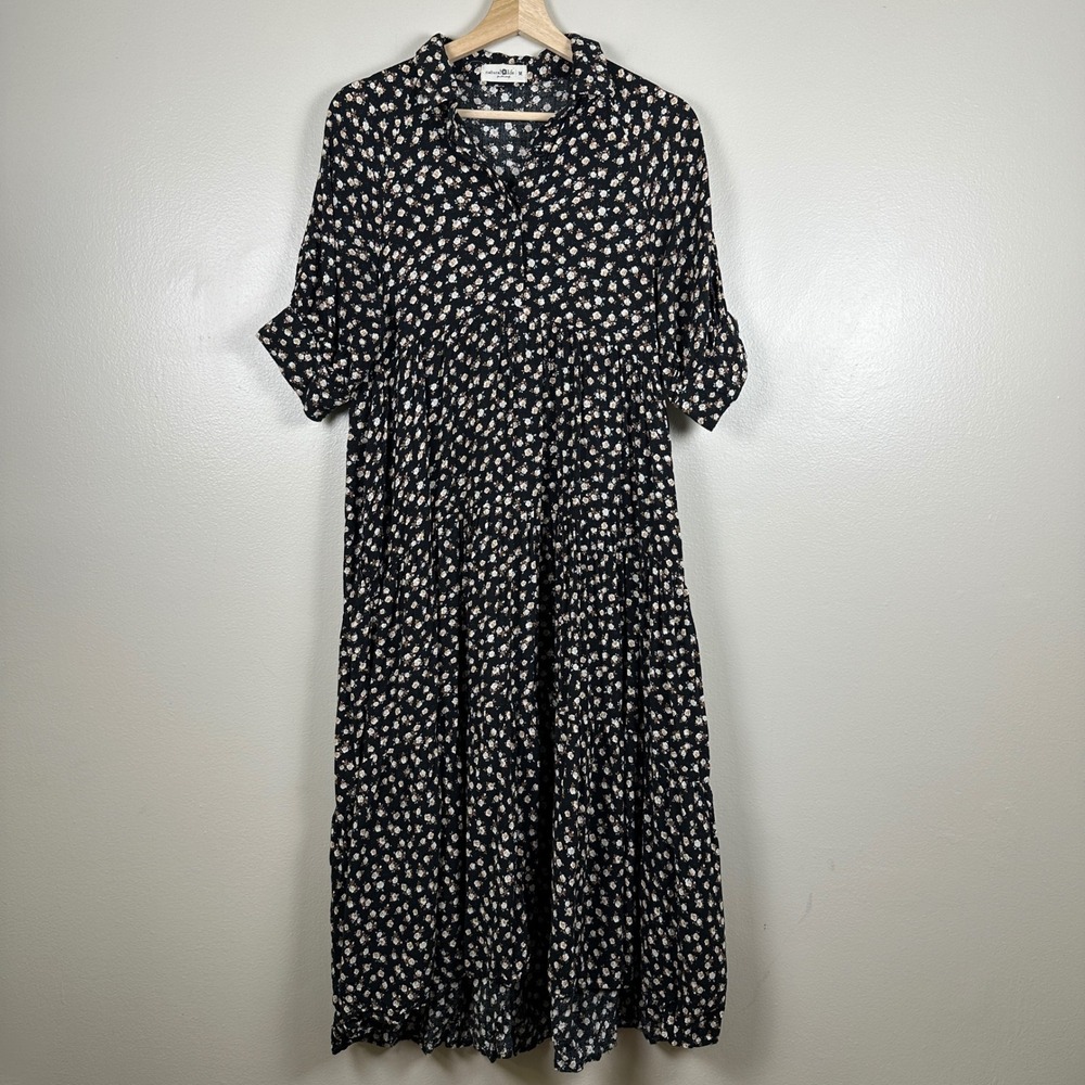 Natural Life Women's Medium Midi Dress Black Floral‎ Tiered Boho Rayon